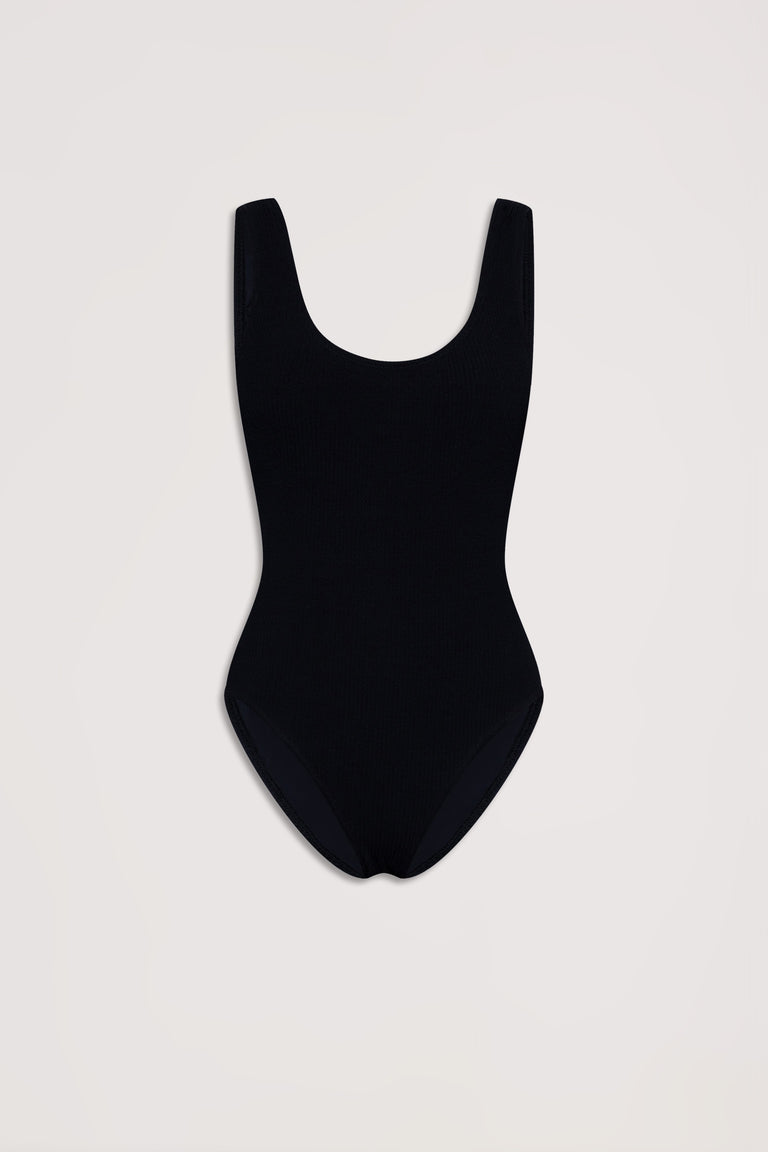 Black textured one-piece swimsuit with a scoop neckline and wide shoulder straps displayed on a neutral background