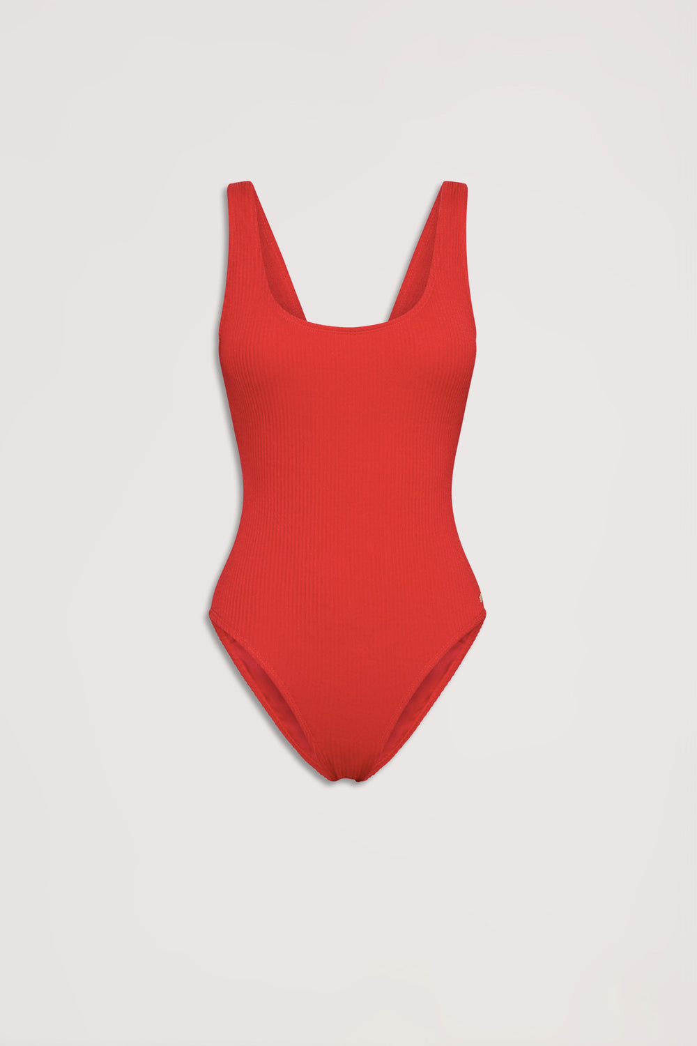 Sleeveless crimson red one-piece with a subtle crinkle texture and scoop neckline, designed for effortless style.
