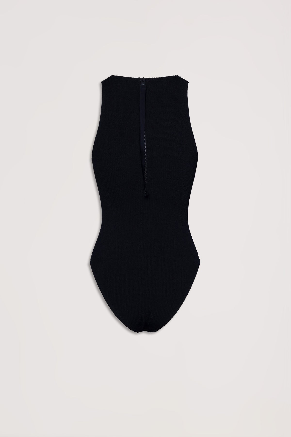 Black crinkle one-piece swimsuit with high neck and back zipper, designed for a sleek and comfortable fit.