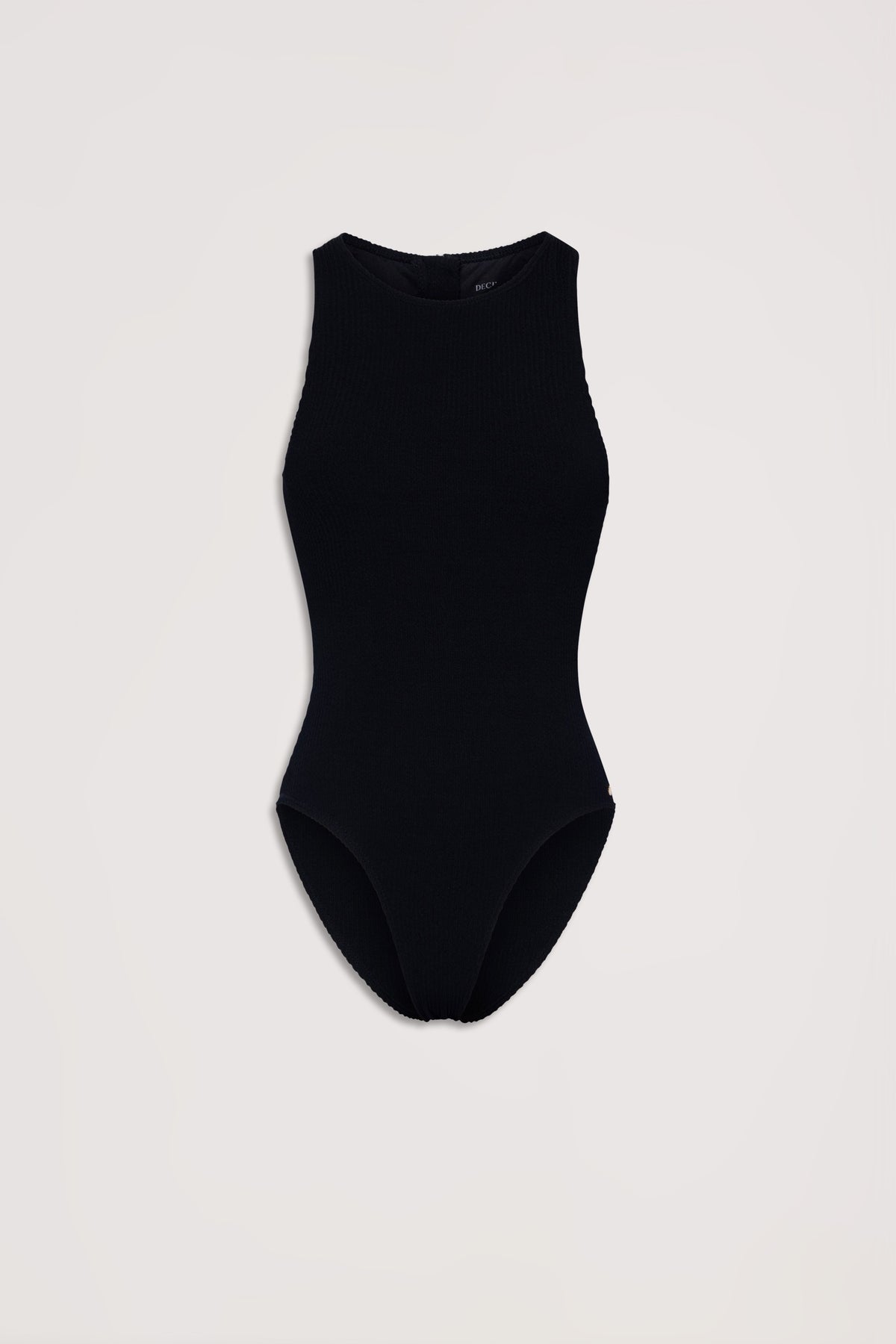 Black ribbed racerback one-piece swimsuit with a high neckline, designed for a sleek and versatile look.