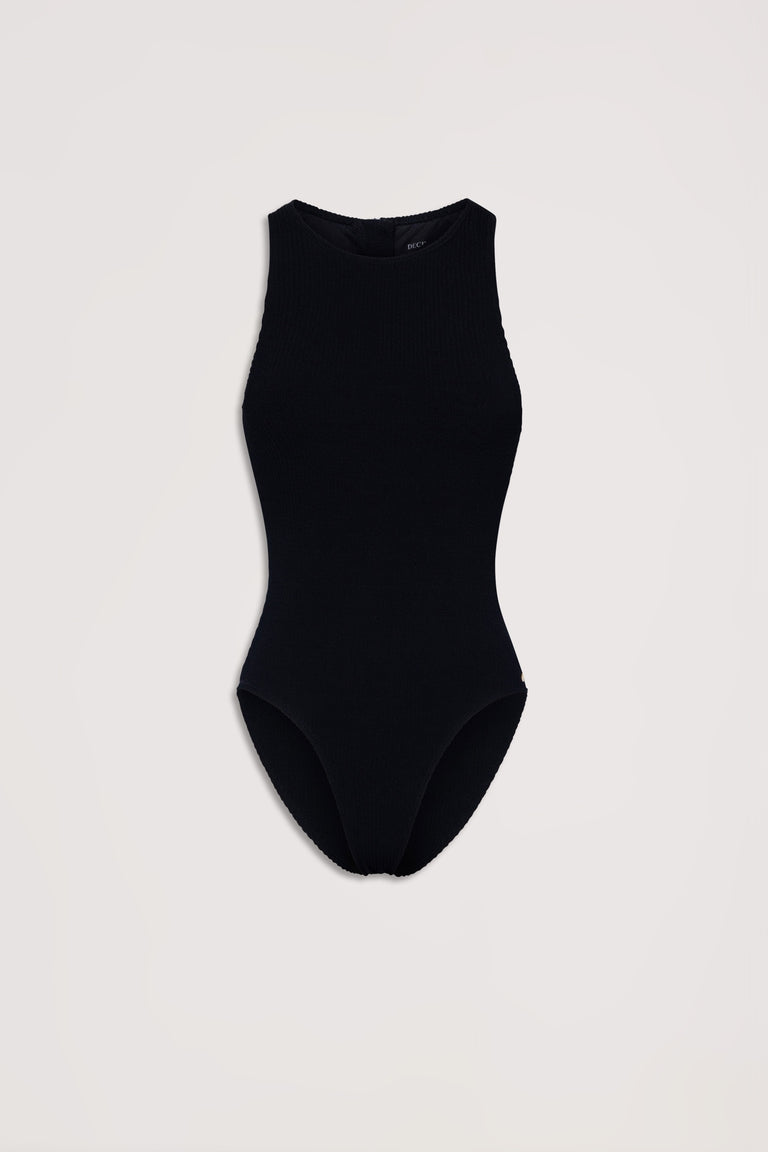 Black ribbed racerback one-piece swimsuit with a high neckline, designed for a sleek and versatile look.