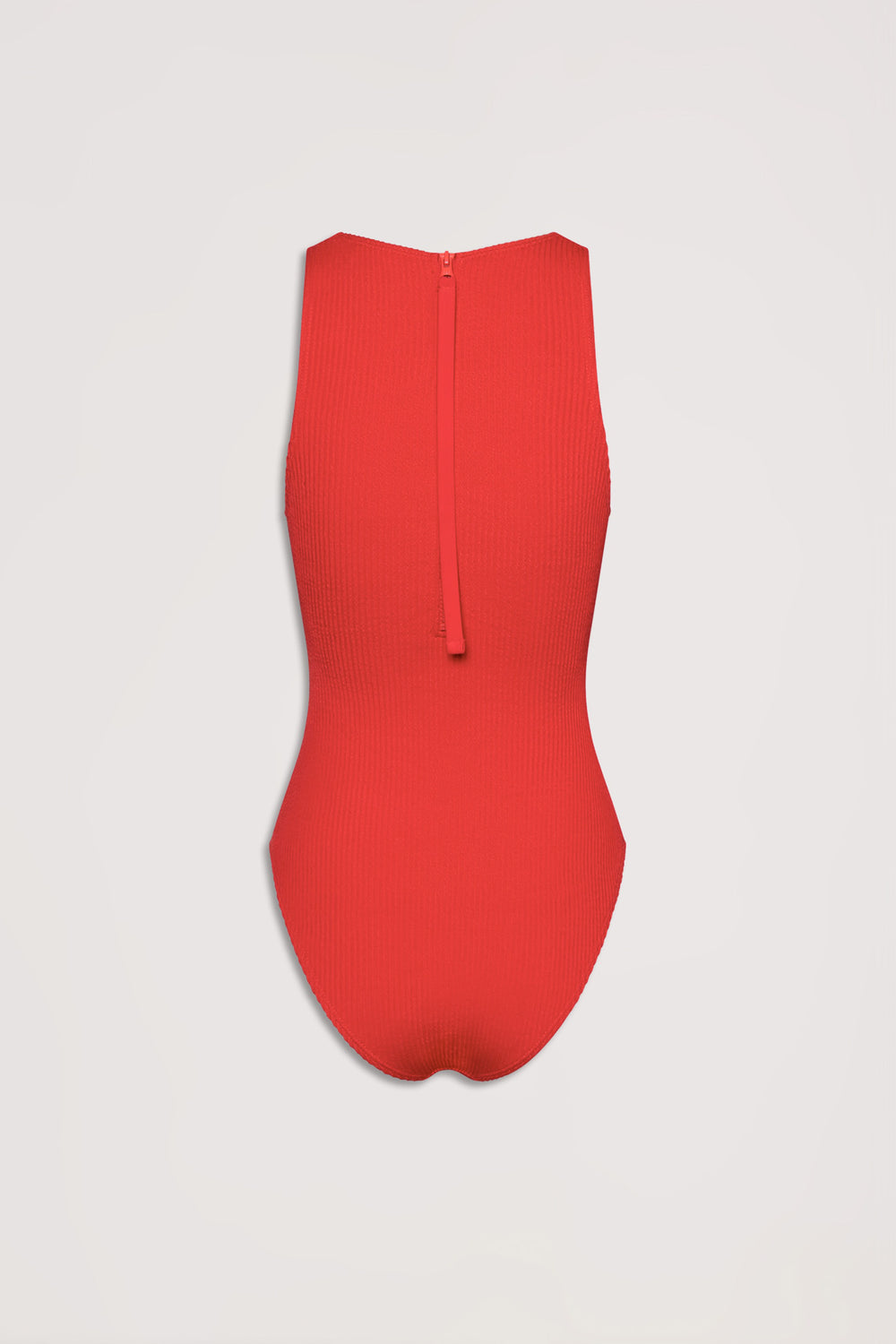 Back view of a vibrant red crinkle racer one-piece swimsuit with a zip closure and textured fabric finish