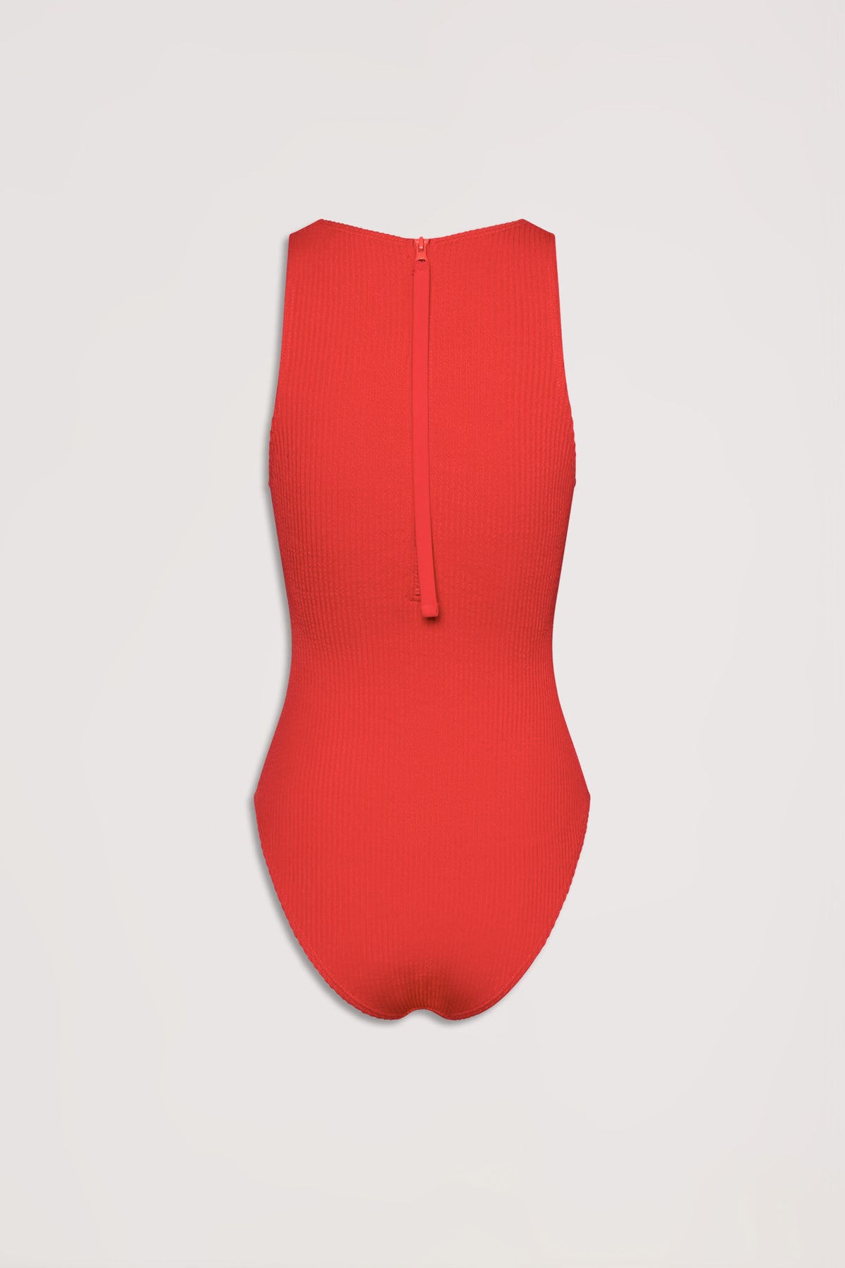 Back view of a vibrant red crinkle racer one-piece swimsuit with a zip closure and textured fabric finish