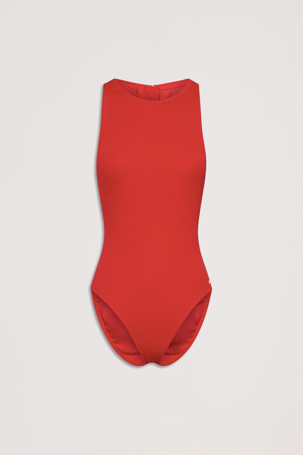Crimson red crinkle racer one piece with a high neckline and textured fabric, displayed on a white background