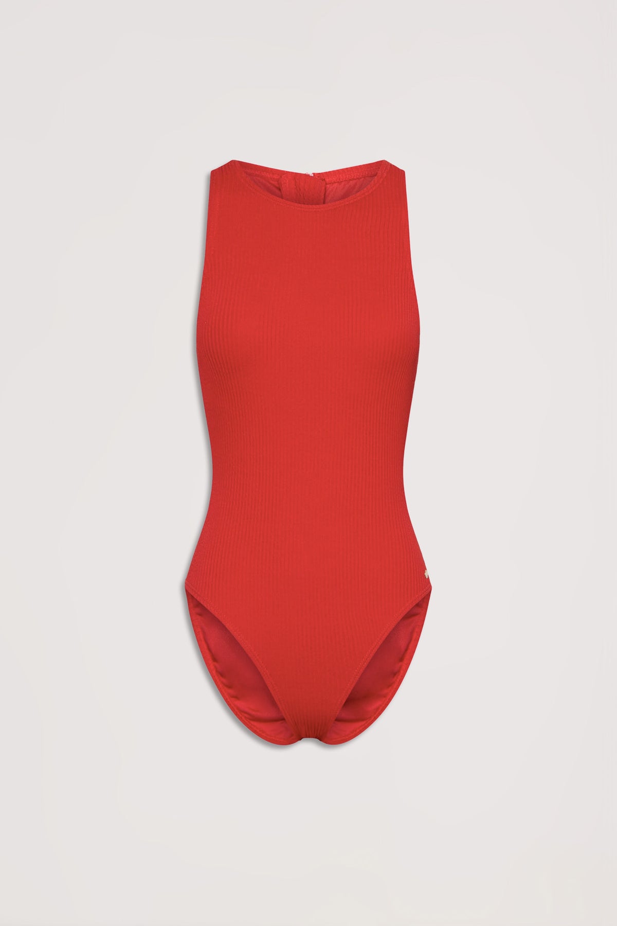 Crimson red crinkle racer one piece with a high neckline and textured fabric, displayed on a white background