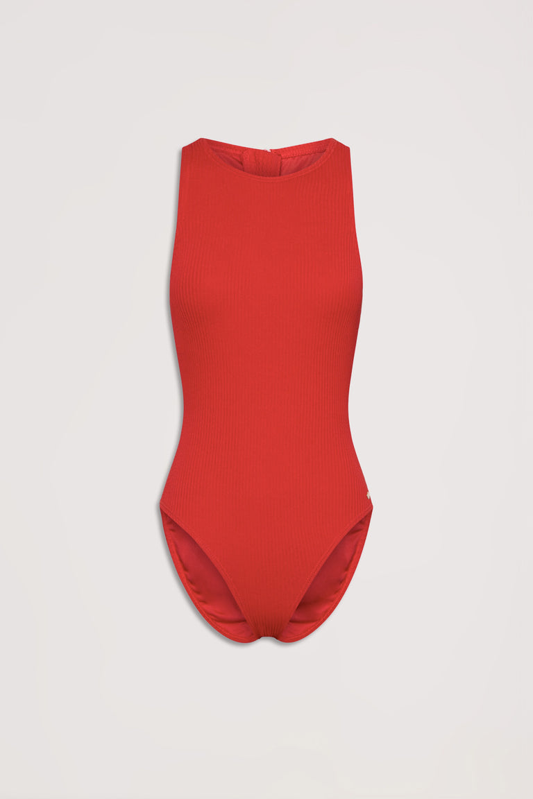 Crimson red crinkle racer one piece with a high neckline and textured fabric, displayed on a white background