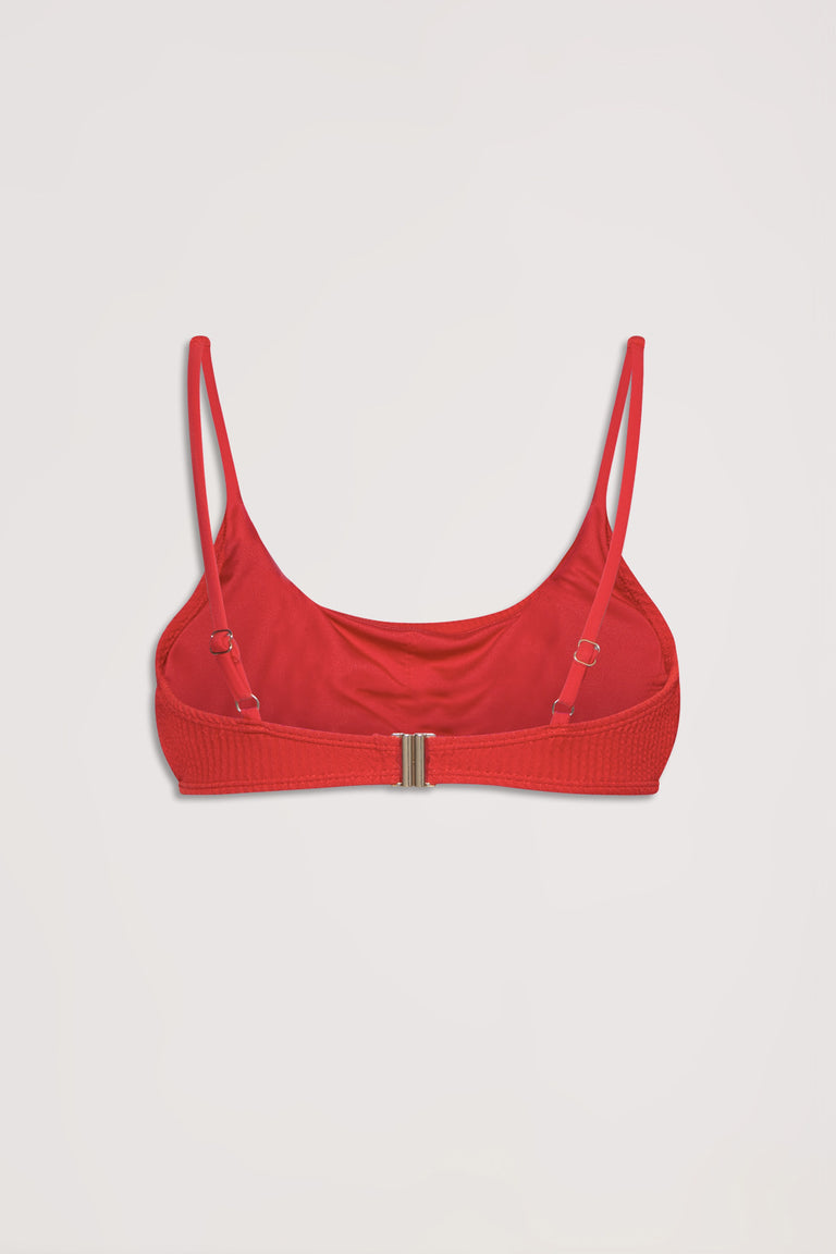 Back view of a vibrant red crinkle bikini top with adjustable straps and metal clasp closure