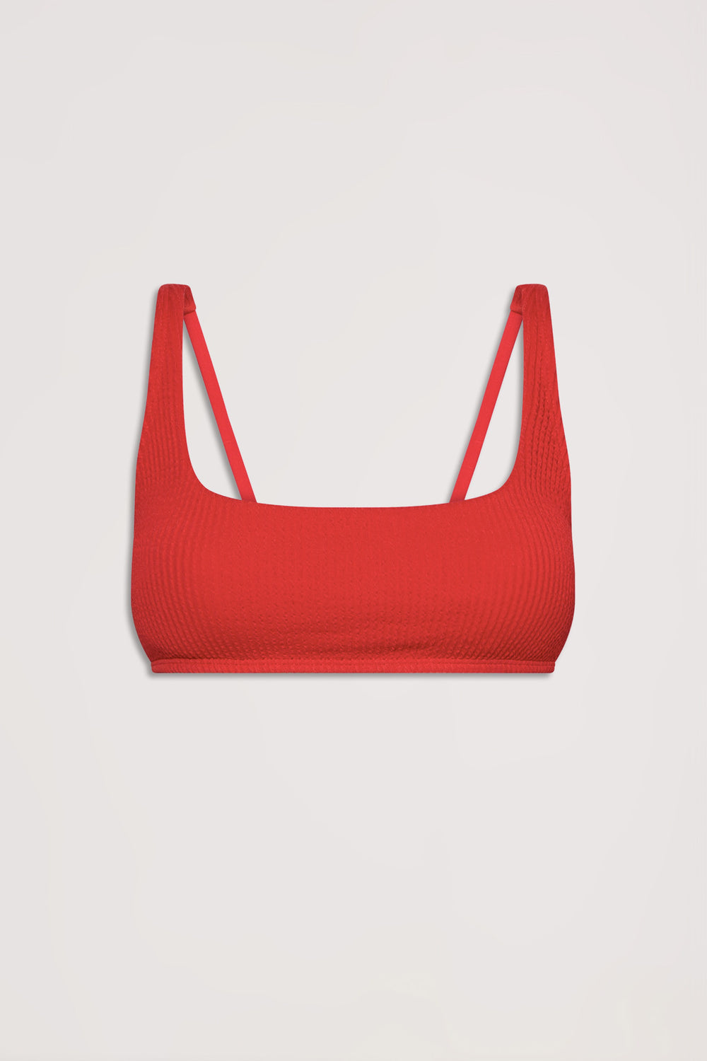 Red crinkle textured bikini top with thin shoulder straps displayed against a light background