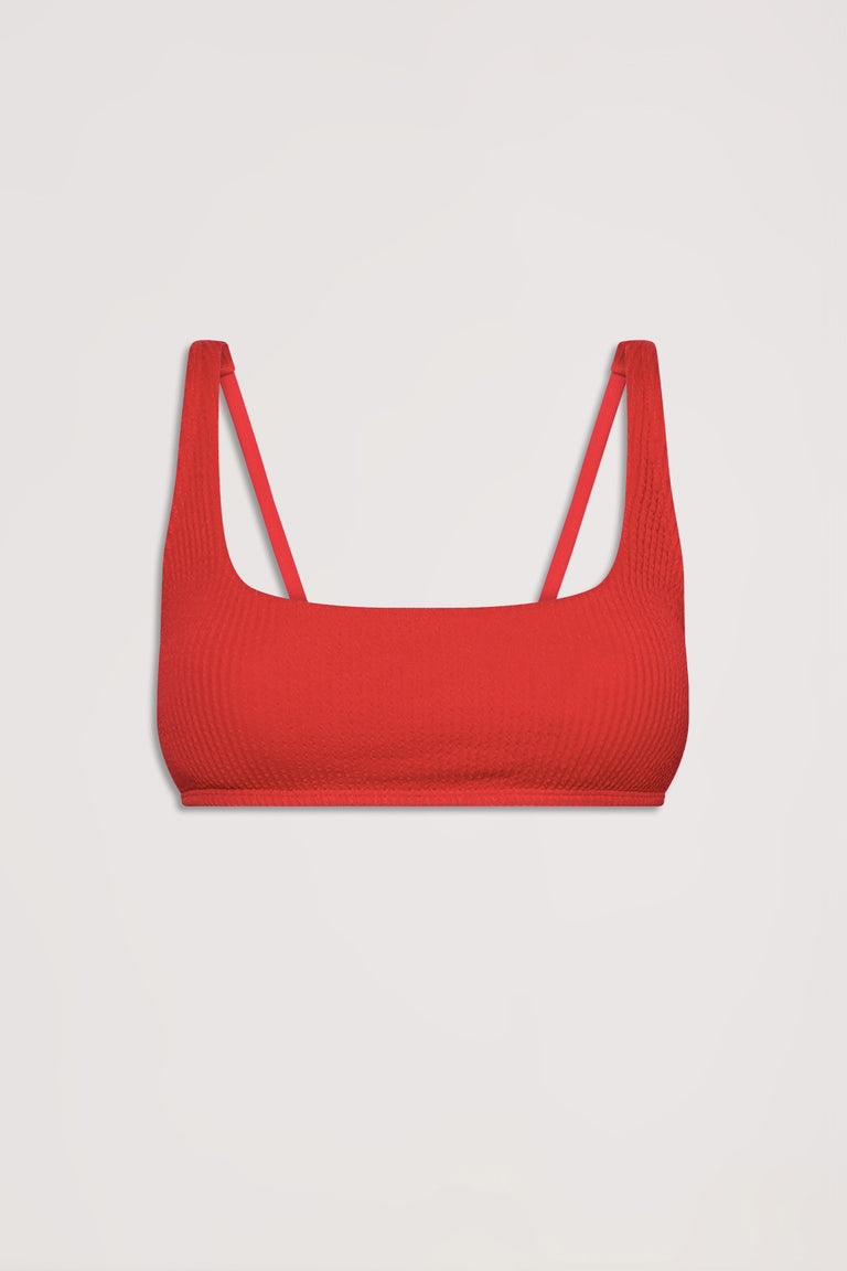 Red crinkle textured bikini top with thin shoulder straps displayed against a light background