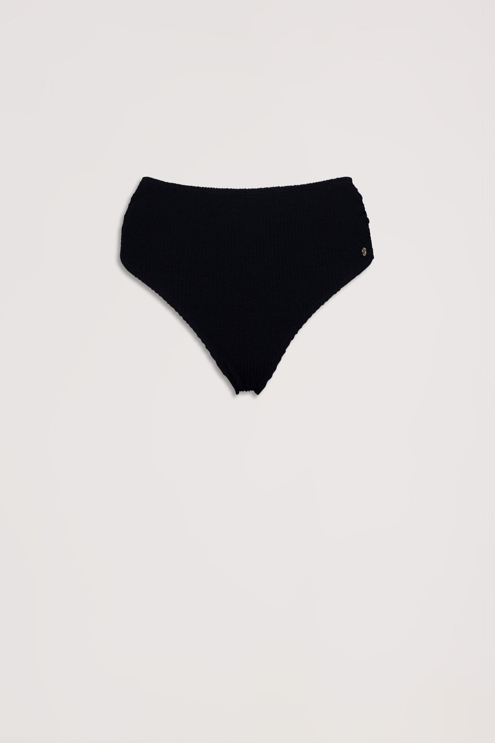 Black crinkle-textured bikini bottoms with a high-rise cut for a flattering, comfortable fit.