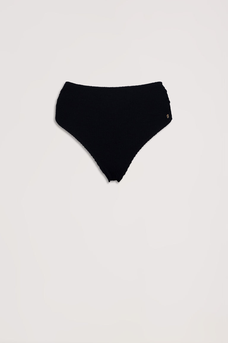 Black crinkle-textured bikini bottoms with a high-rise cut for a flattering, comfortable fit.