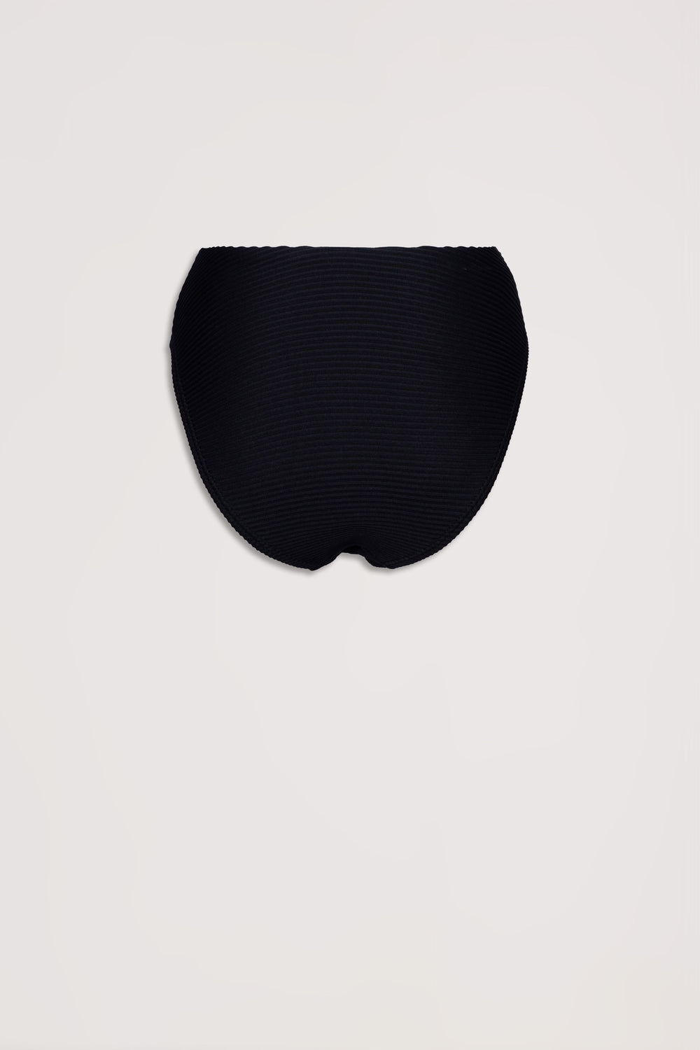 Black ribbed bikini bottoms with a high-rise cut, designed for a flattering and comfortable fit.