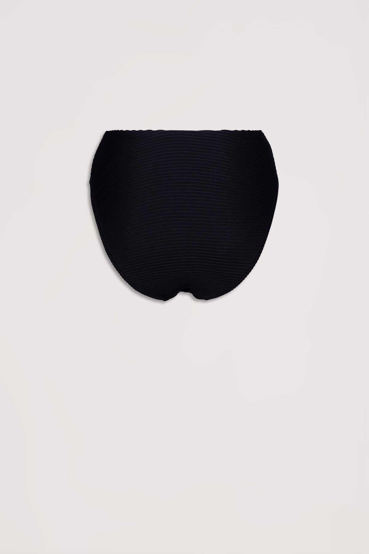 Black ribbed bikini bottoms with a high-rise cut, designed for a flattering and comfortable fit.