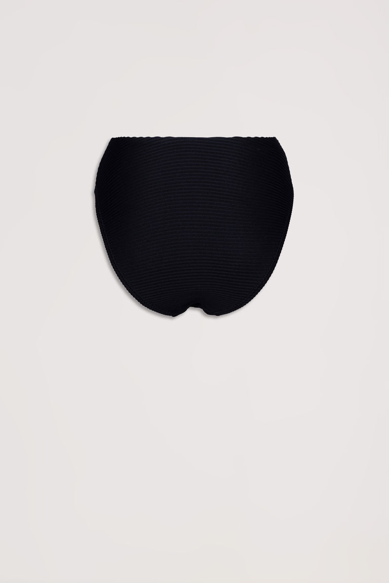 Black ribbed bikini bottoms with a high-rise cut, designed for a flattering and comfortable fit.