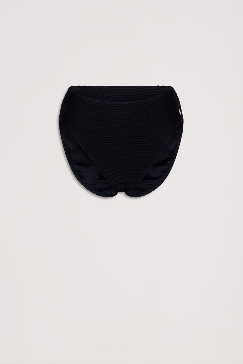 High-waisted black ribbed bikini bottom with a subtle texture, designed for a comfortable and flattering fit.