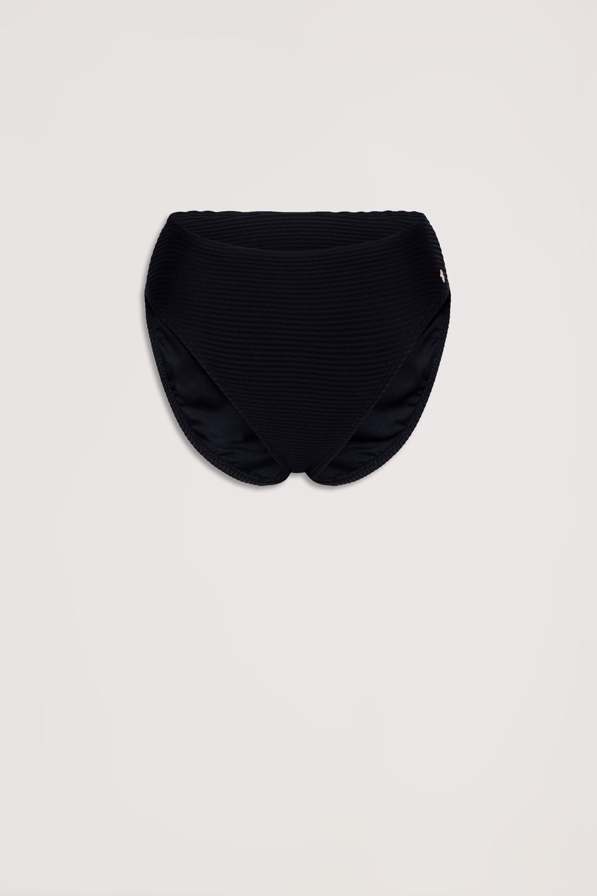 High-waisted black ribbed bikini bottom with a subtle texture, designed for a comfortable and flattering fit.