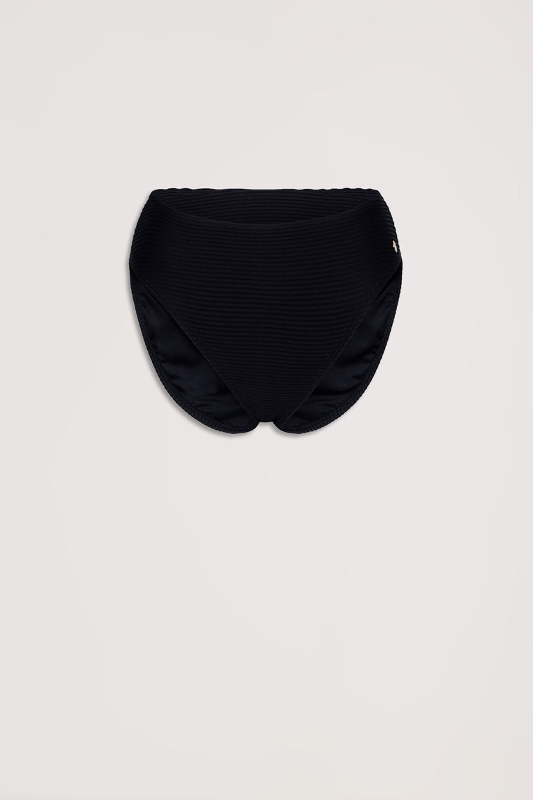 High-waisted black ribbed bikini bottom with a subtle texture, designed for a comfortable and flattering fit.