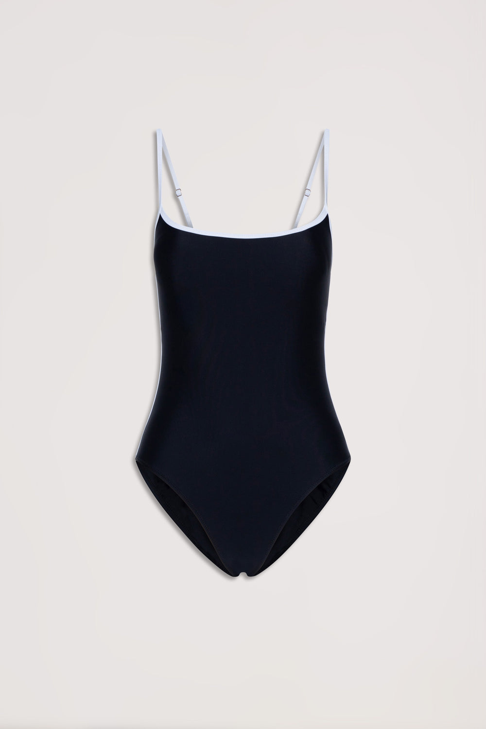 Black one-piece swimsuit with white contrast trim and adjustable thin straps on a neutral background