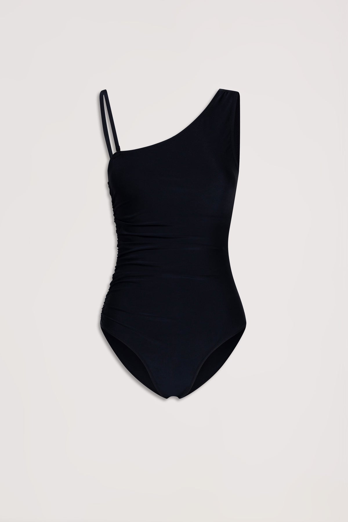 Black matte one-piece swimsuit with an asymmetrical one-shoulder design and subtle ruched sides
