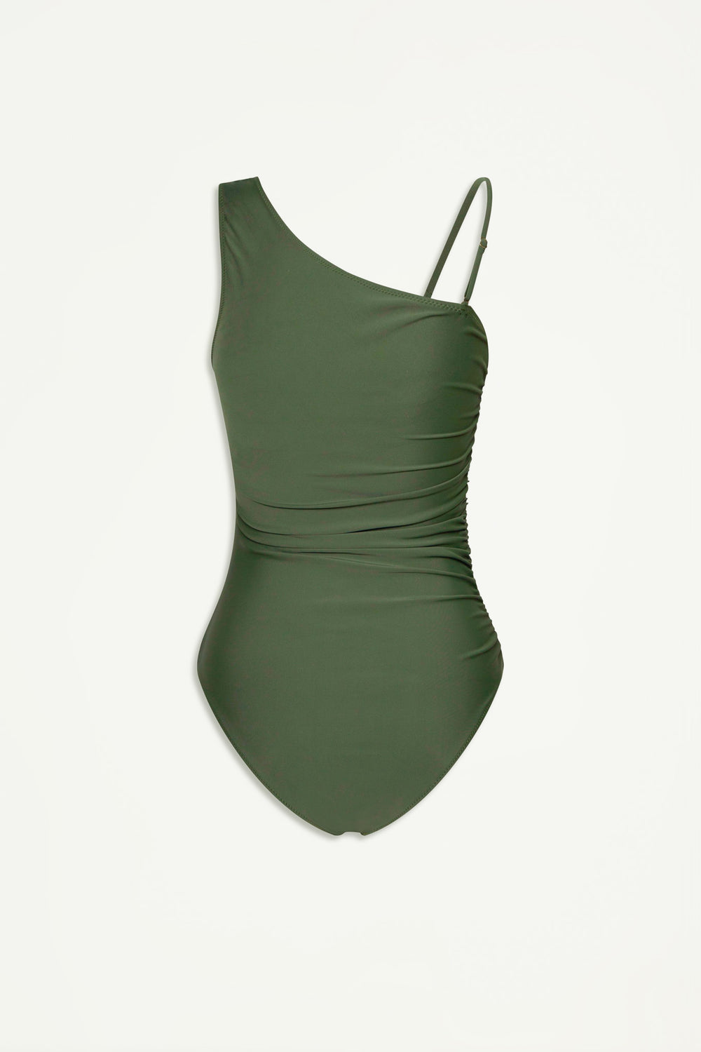 Matte forest green one-piece swimsuit with one shoulder design and ruched side detailing for a sleek fit