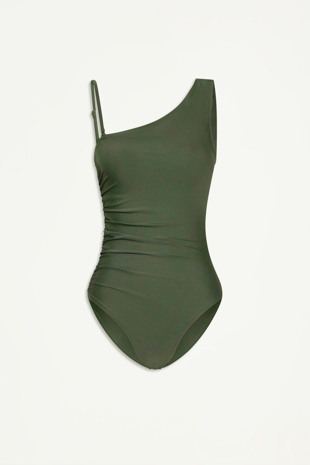 Sleek forest green one-piece swimsuit with asymmetric one shoulder design and subtle ruching on side seams
