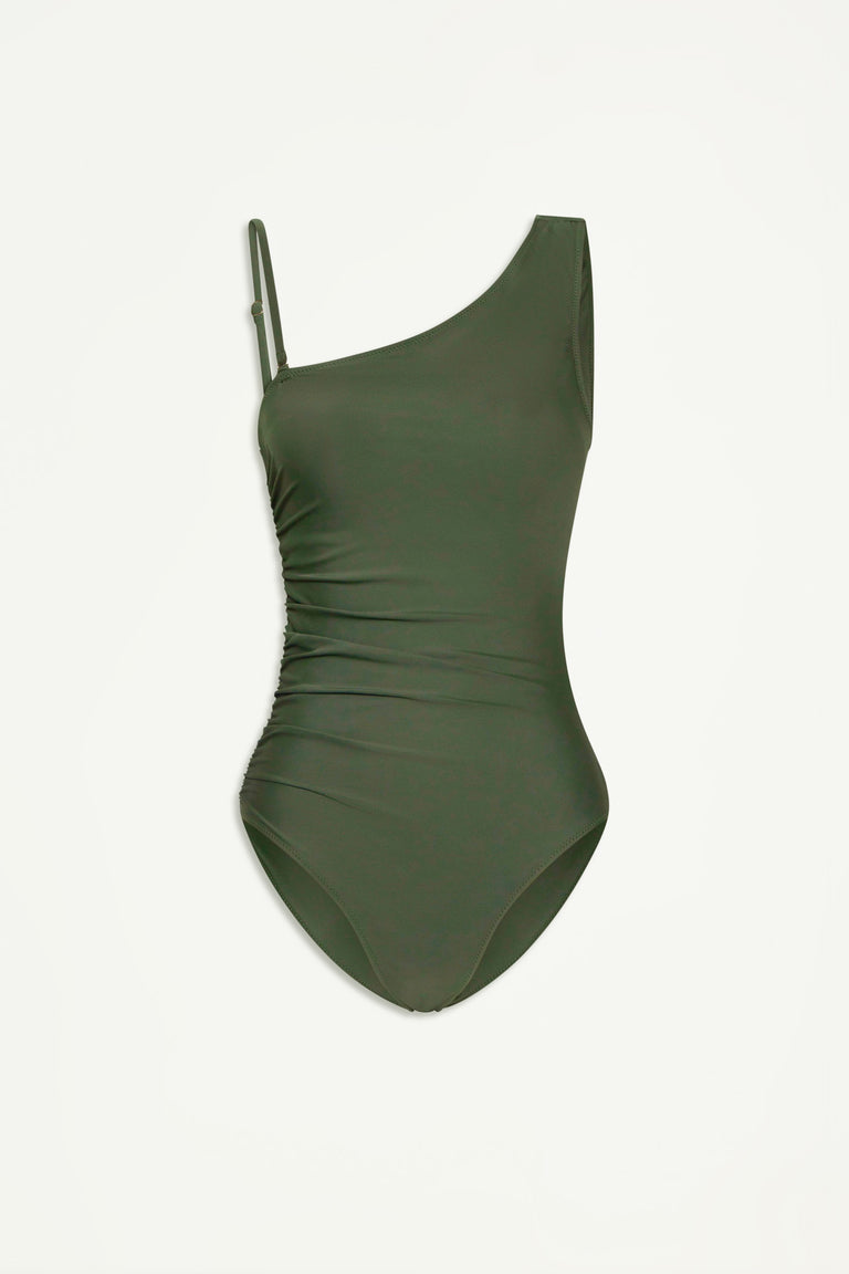 Sleek forest green one-piece swimsuit with asymmetric one shoulder design and subtle ruching on side seams