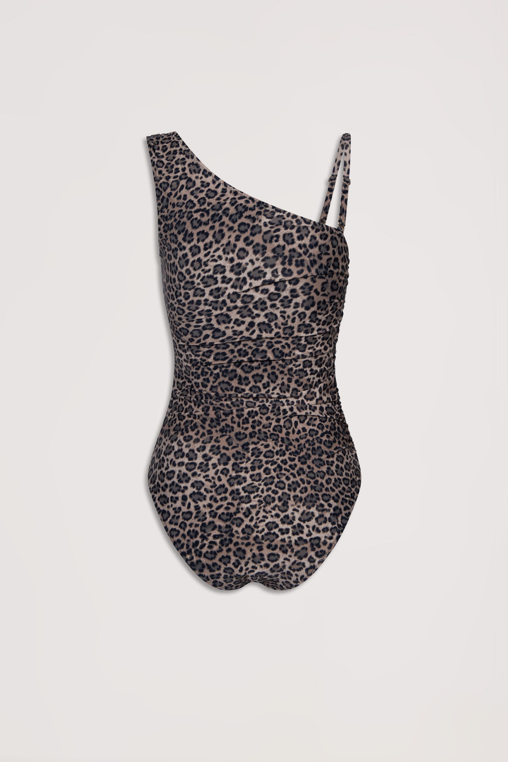 Leopard print matte one-shoulder swimsuit with dual thin straps on one side for a chic and modern silhouette.