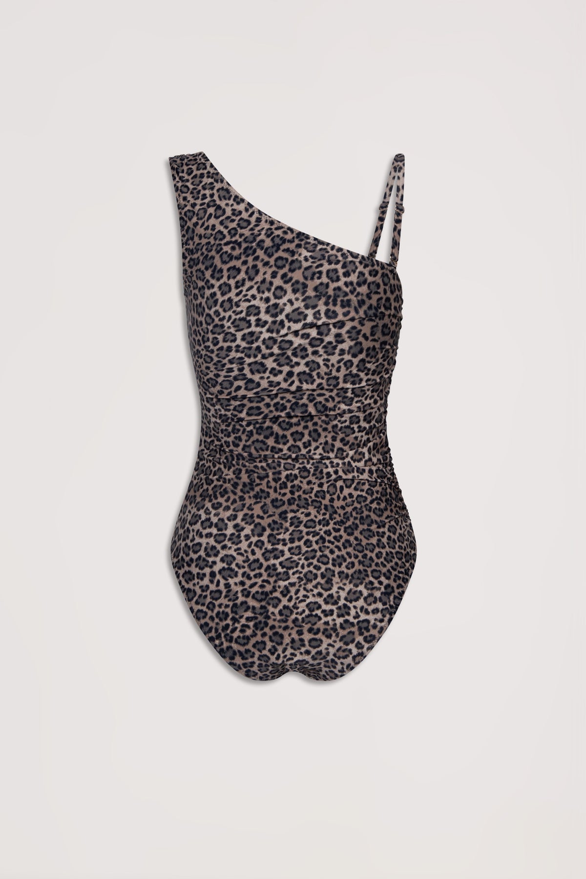 Leopard print matte one-shoulder swimsuit with dual thin straps on one side for a chic and modern silhouette.