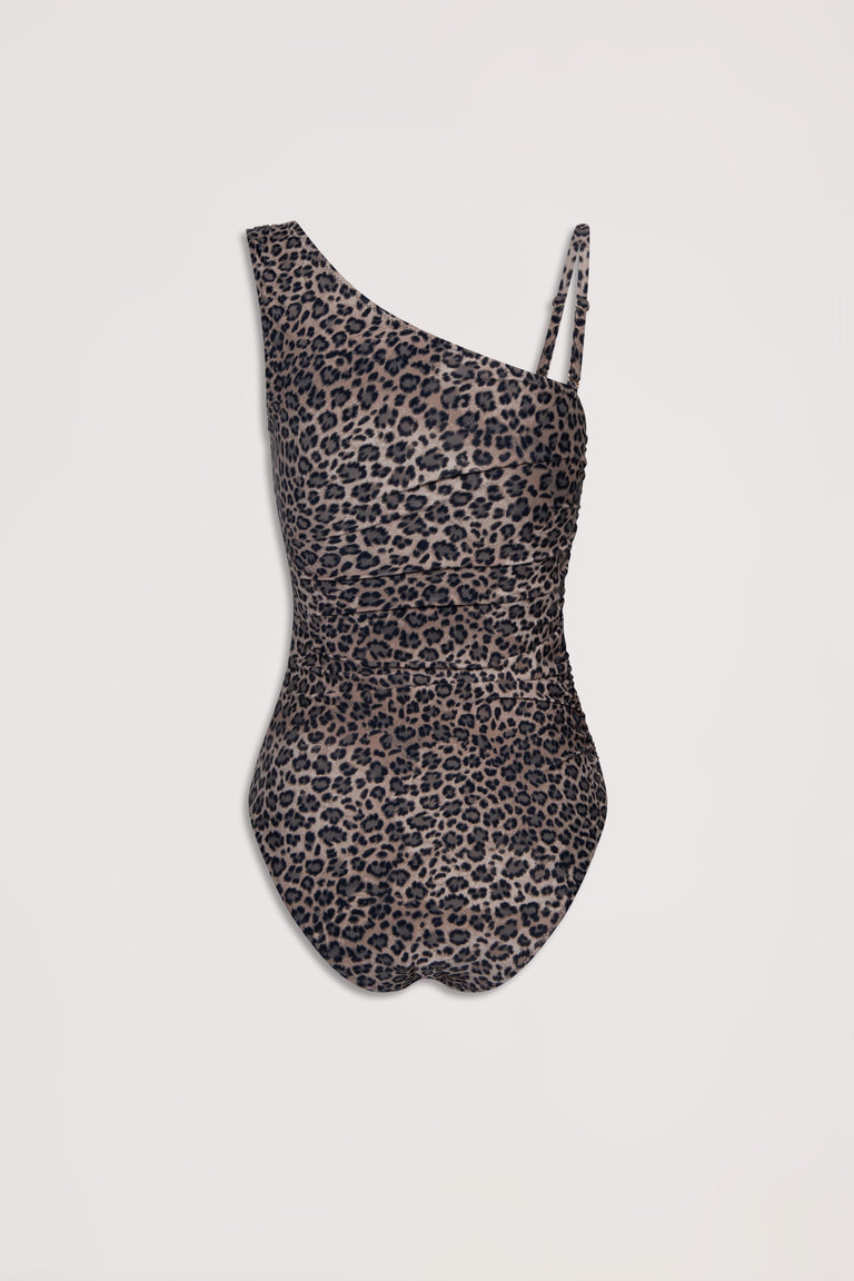Leopard print matte one-shoulder swimsuit with dual thin straps on one side for a chic and modern silhouette.
