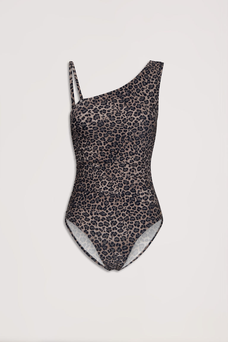 One-shoulder matte one piece swimsuit in a classic leopard print pattern with contrasting strap design.