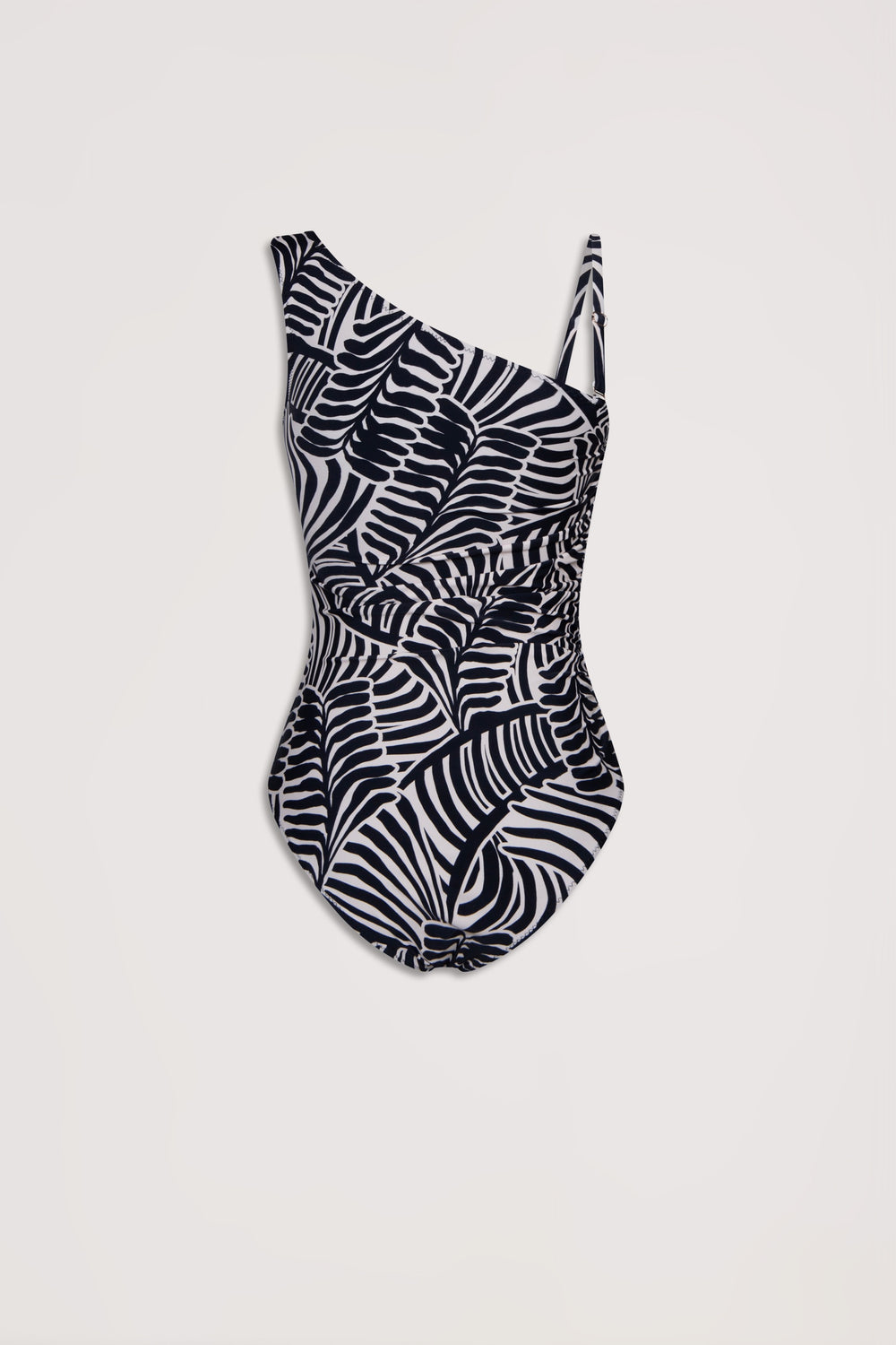 Black and white matte one-shoulder swimsuit with an abstract palm leaf pattern and subtle ruching detail