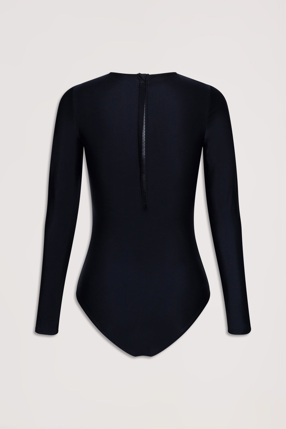 Black matte long-sleeve surfsuit with a back zipper, offering a sleek and streamlined fit for active wear.