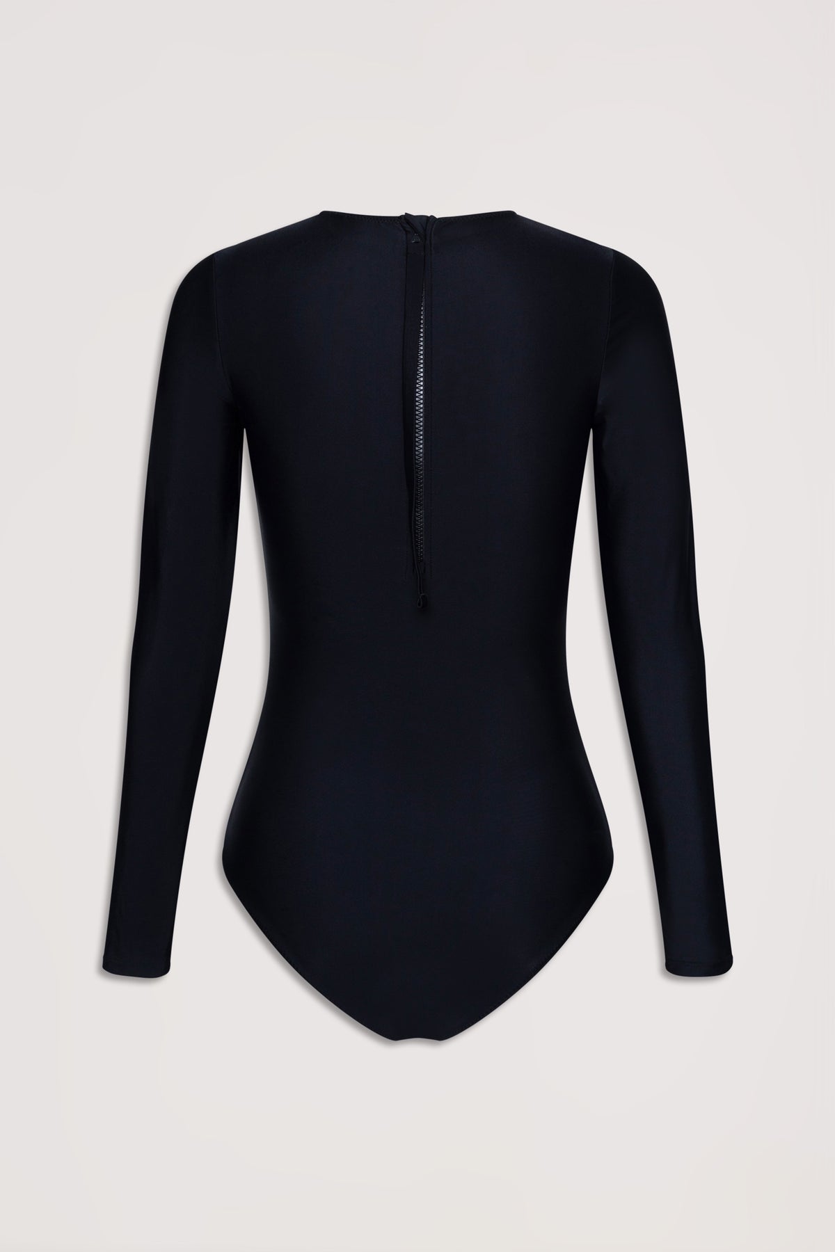 Black matte long-sleeve surfsuit with a back zipper, offering a sleek and streamlined fit for active wear.