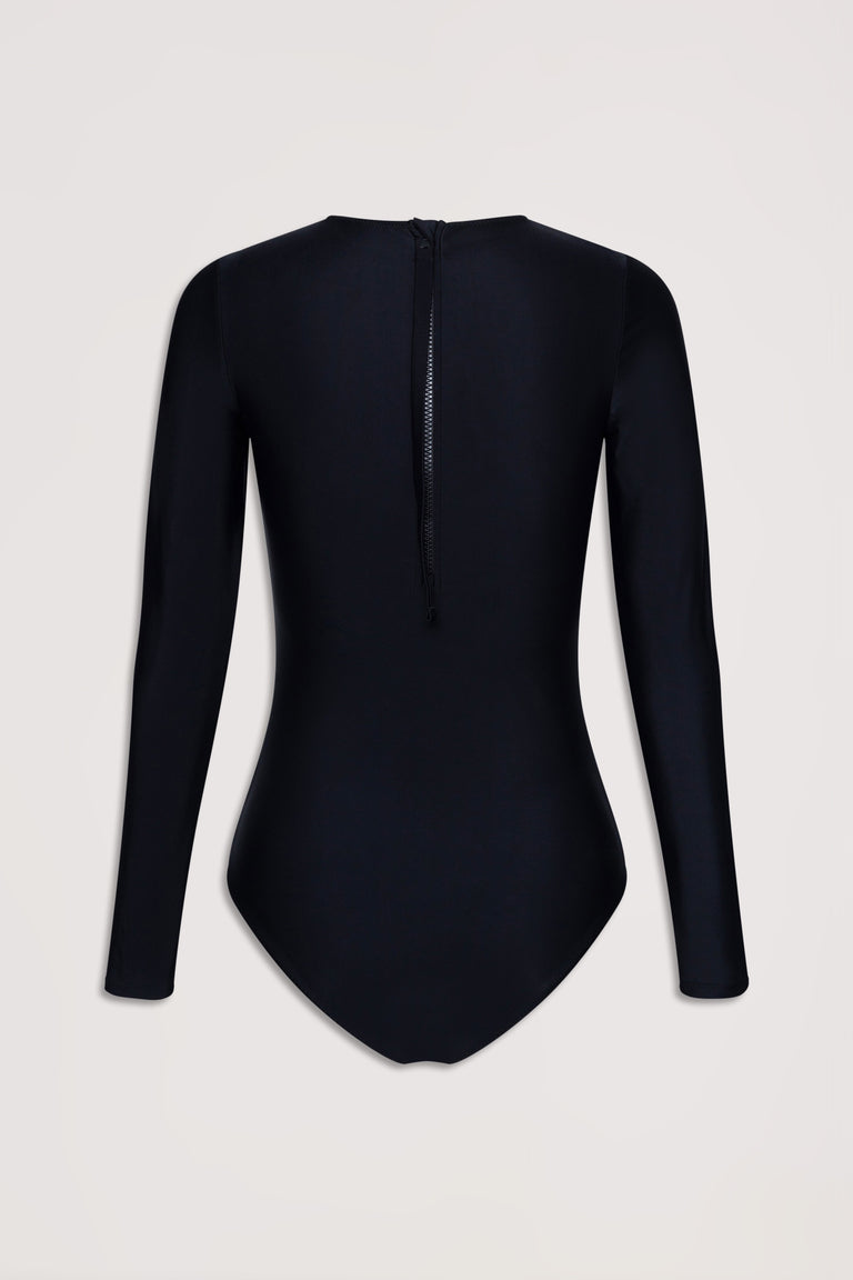 Black matte long-sleeve surfsuit with a back zipper, offering a sleek and streamlined fit for active wear.