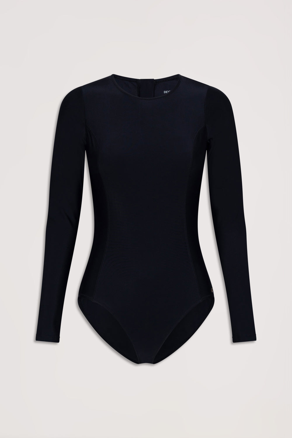 Black long-sleeve matte surfsuit with a minimalist silhouette, designed for stylish and versatile swimwear.