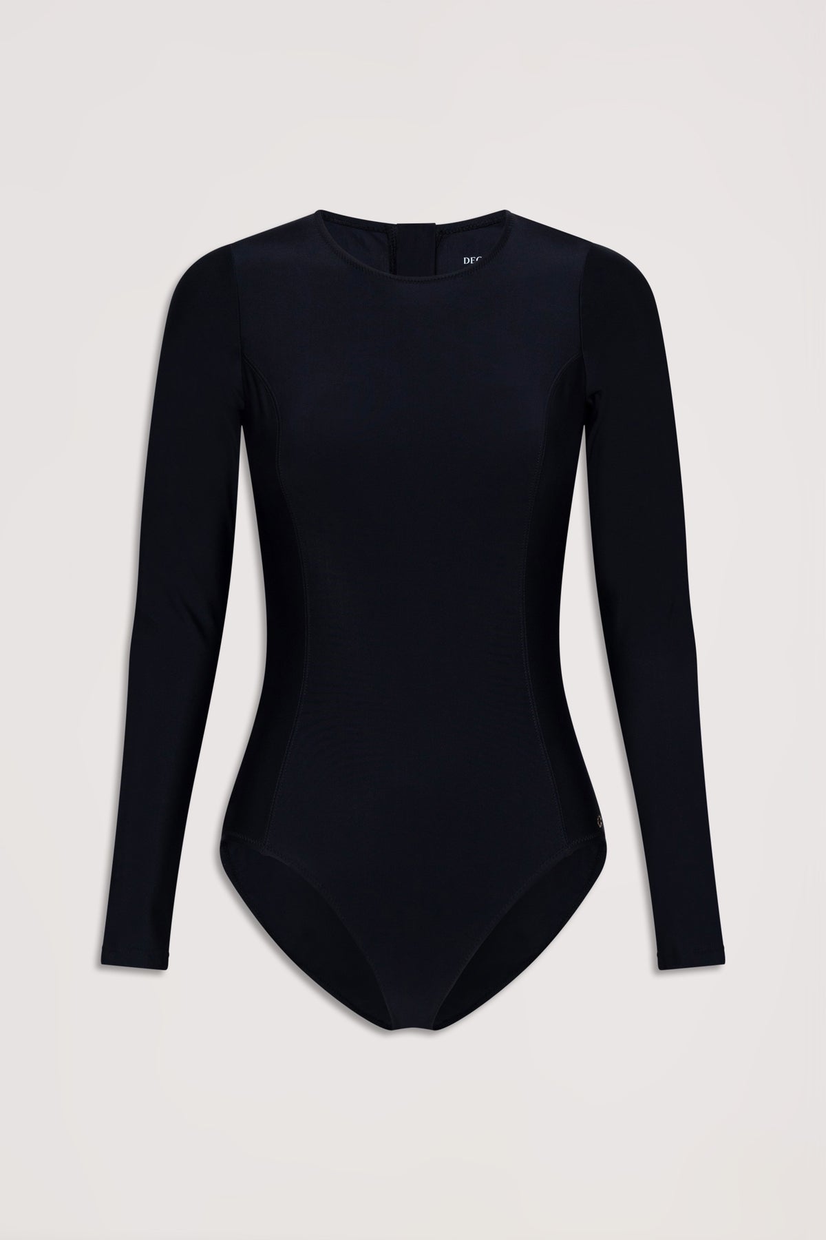 Black long-sleeve matte surfsuit with a minimalist silhouette, designed for stylish and versatile swimwear.