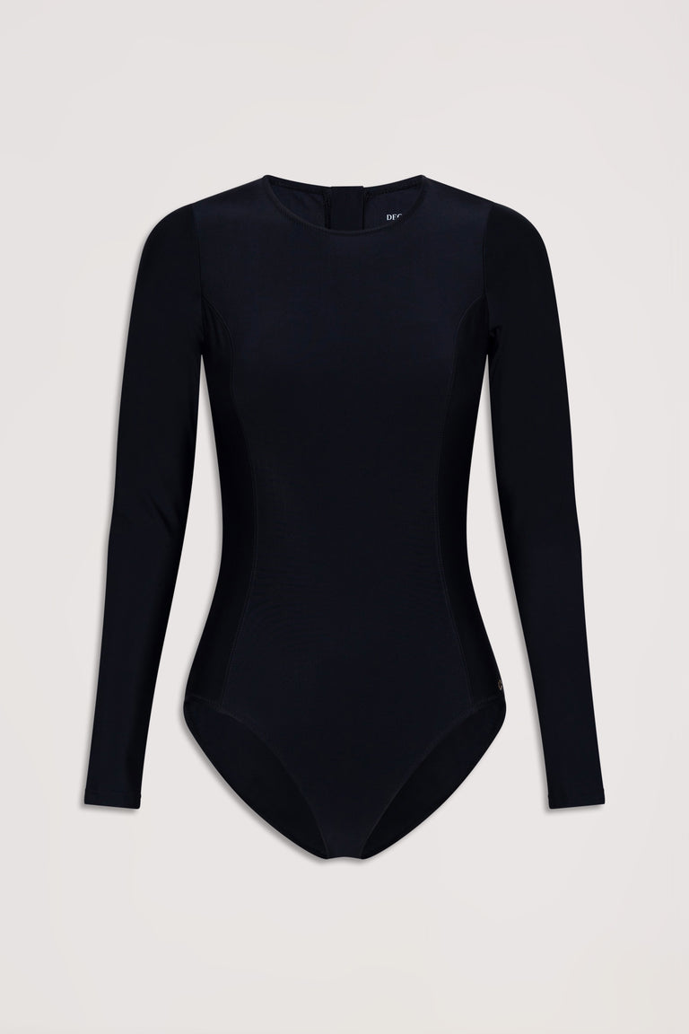 Black long-sleeve matte surfsuit with a minimalist silhouette, designed for stylish and versatile swimwear.