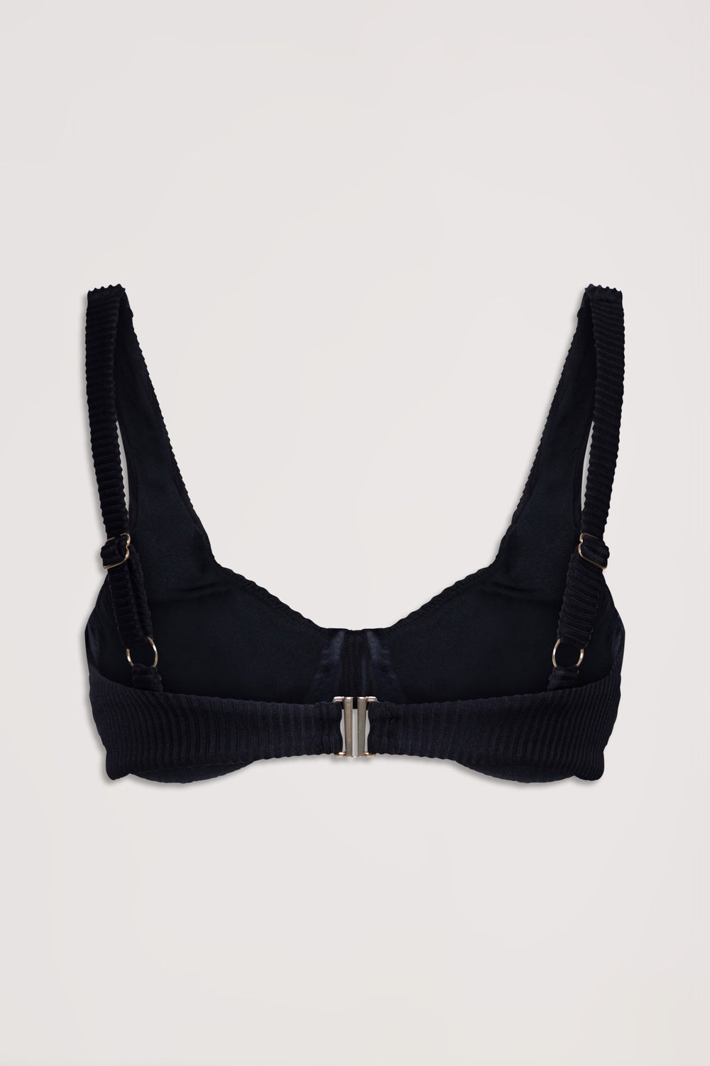 Black ribbed underwire bikini top with adjustable straps and a sleek back clasp closure design