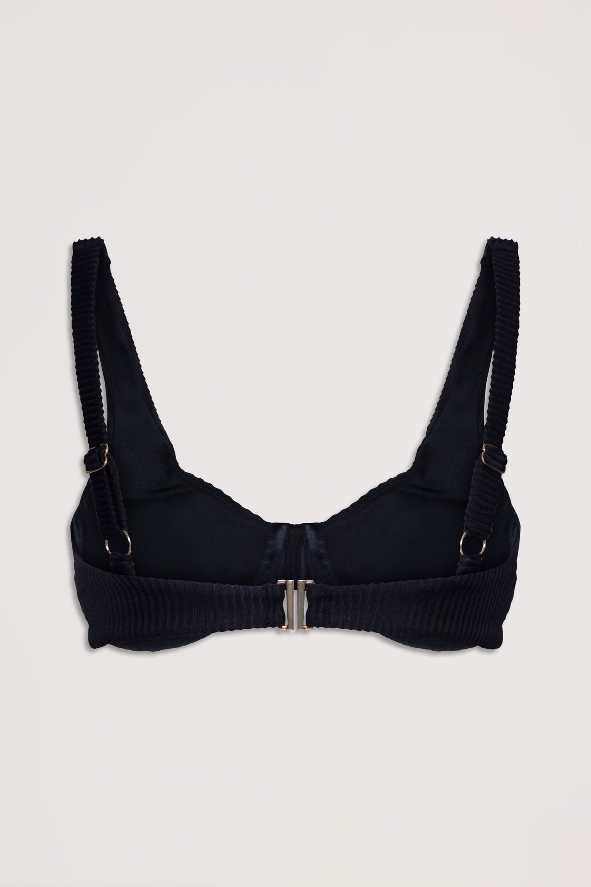 Black ribbed underwire bikini top with adjustable straps and a sleek back clasp closure design