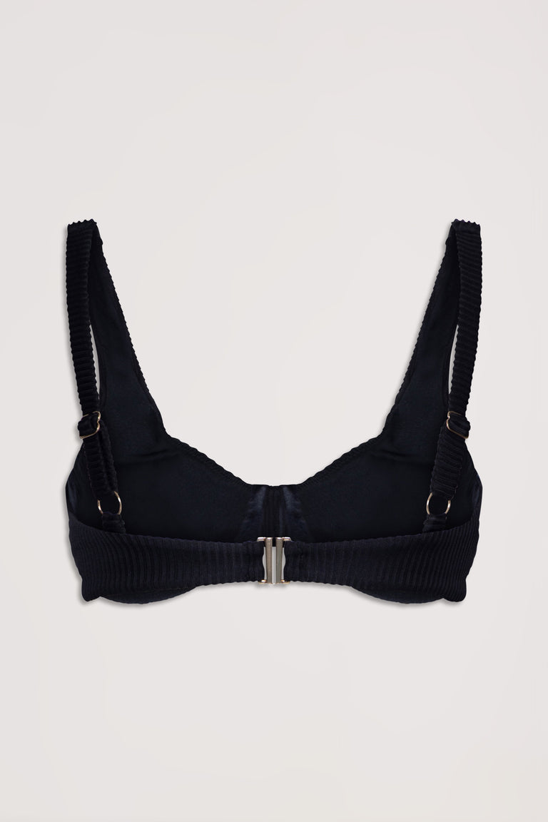 Black ribbed underwire bikini top with adjustable straps and a sleek back clasp closure design