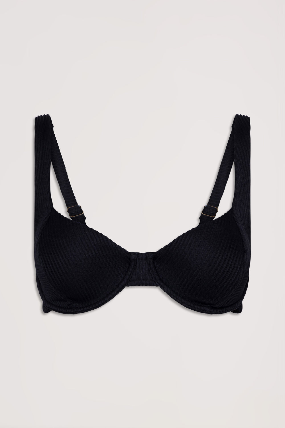 Black ribbed underwire bikini top with adjustable straps, designed for support and a sleek silhouette.