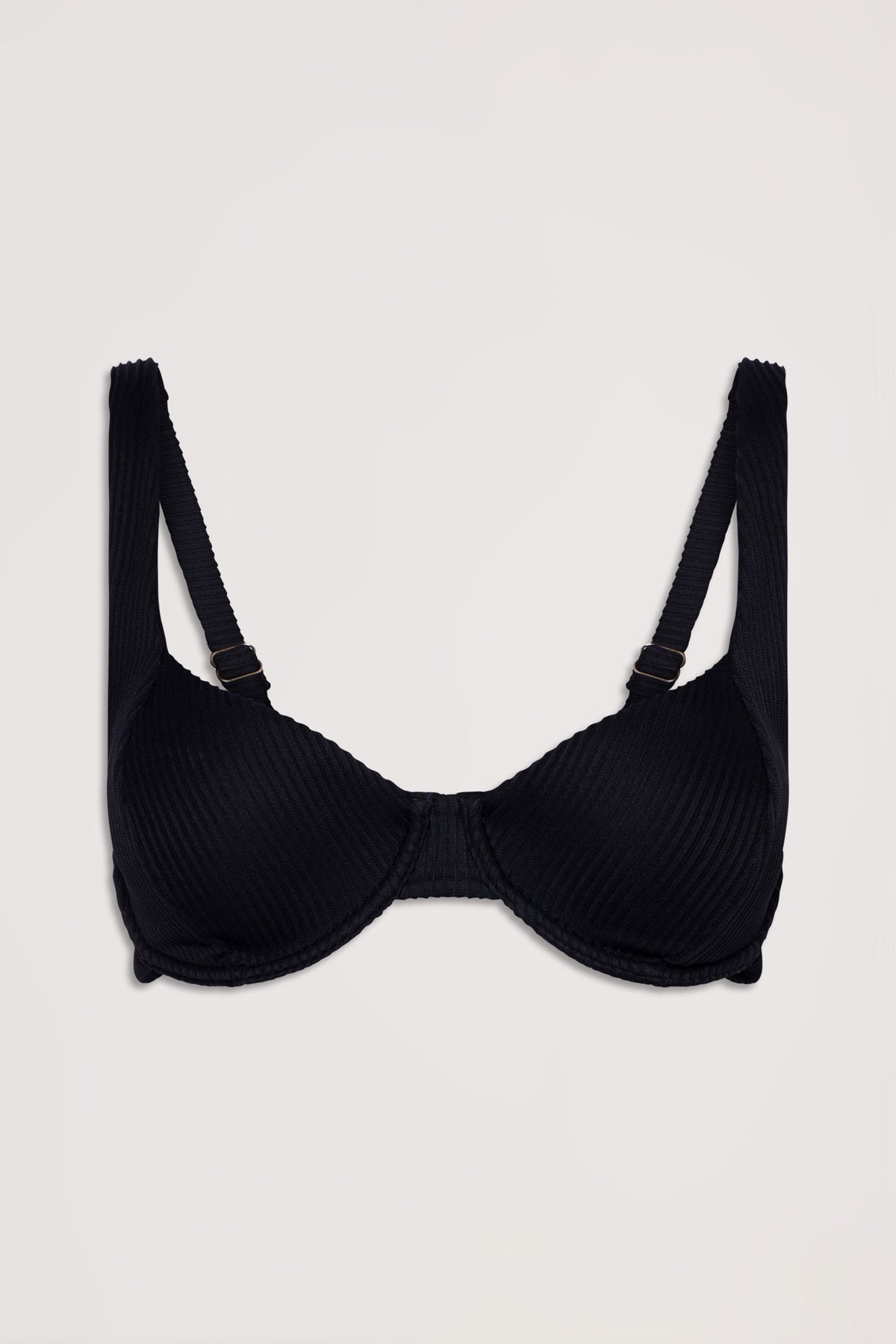 Black ribbed underwire bikini top with adjustable straps, designed for support and a sleek silhouette.