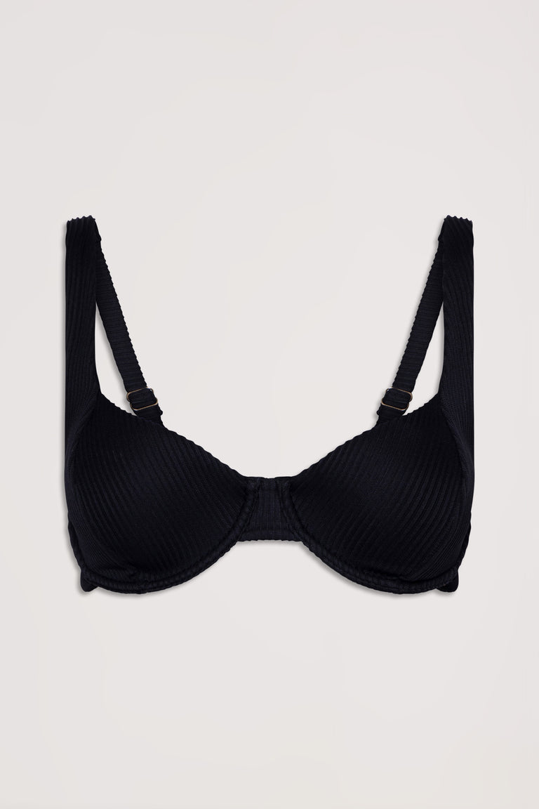Black ribbed underwire bikini top with adjustable straps, designed for support and a sleek silhouette.