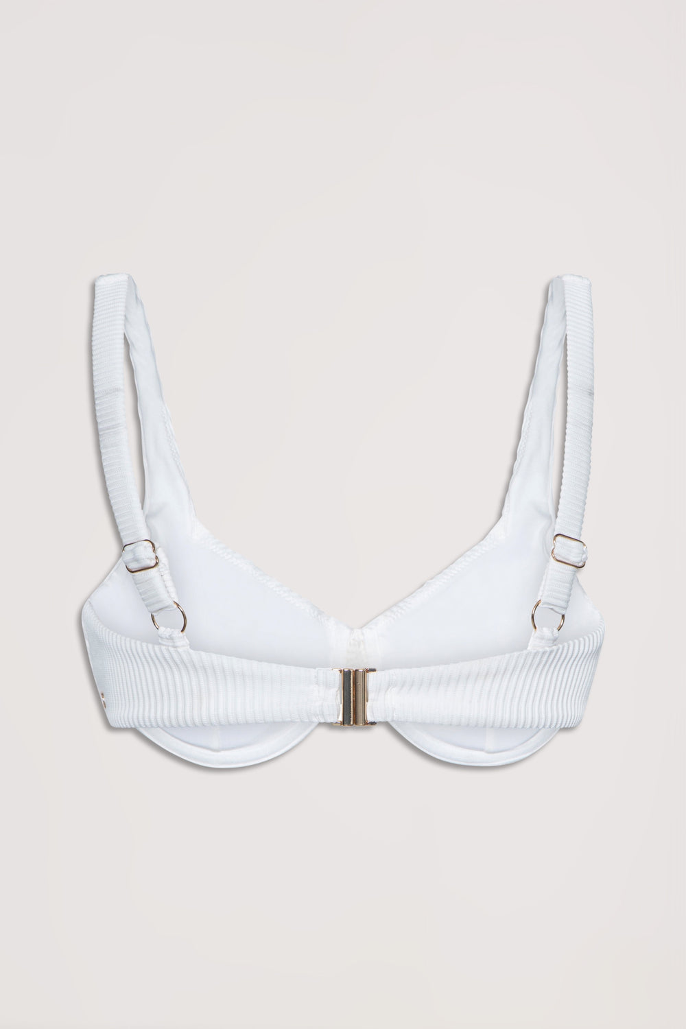 White ribbed bikini top with underwire and adjustable straps, featuring a gold-toned front clasp closure.