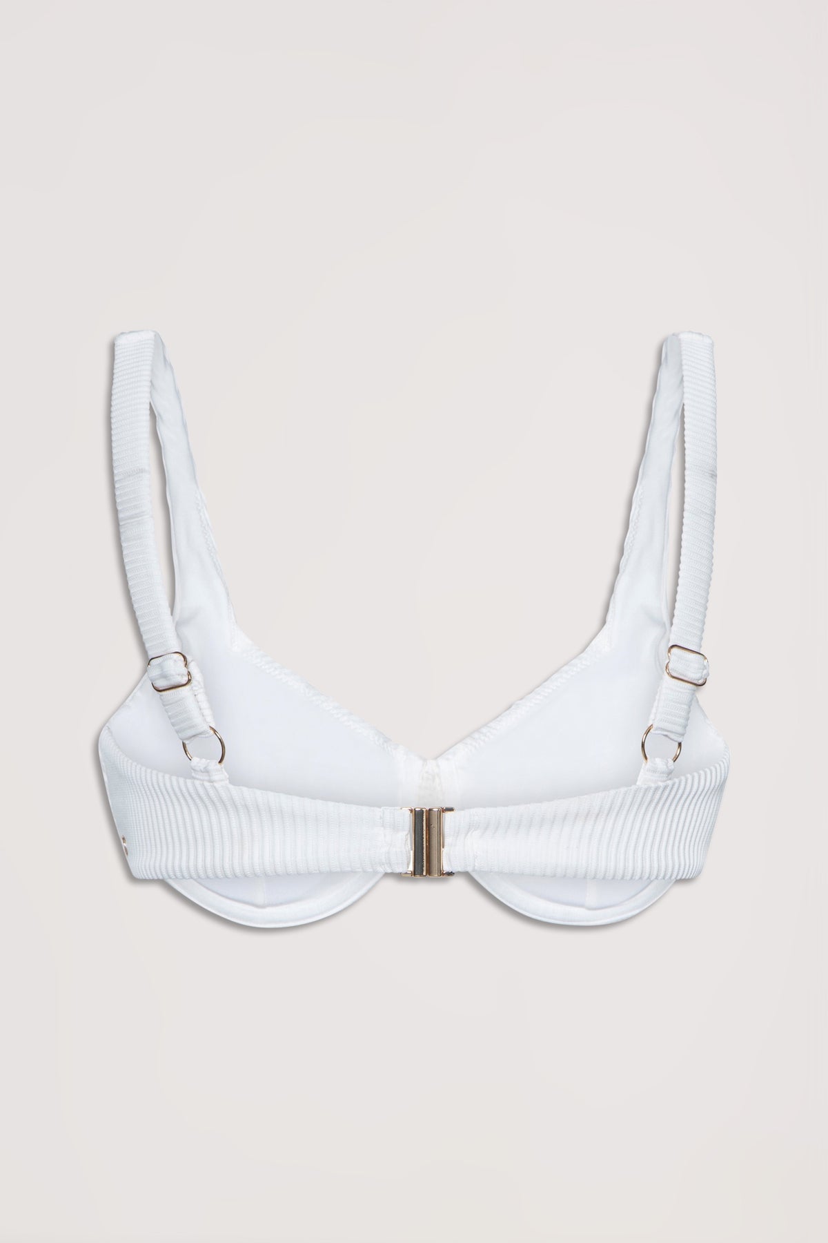 White ribbed bikini top with underwire and adjustable straps, featuring a gold-toned front clasp closure.