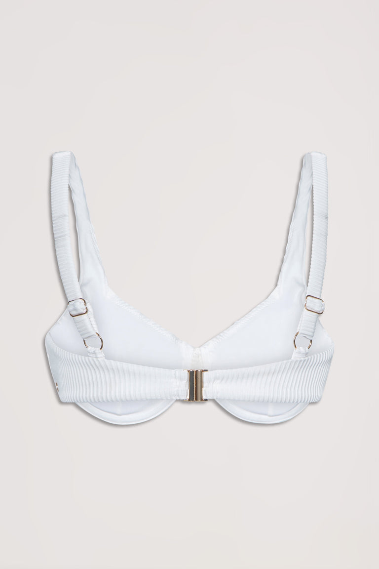 White ribbed bikini top with underwire and adjustable straps, featuring a gold-toned front clasp closure.