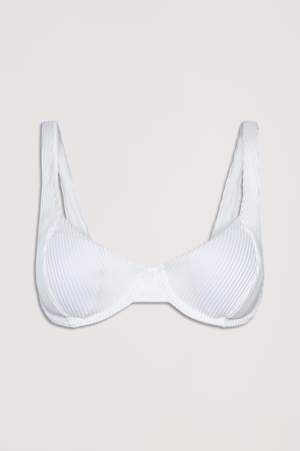 White ribbed underwire bikini top with structured cups and supportive wide straps on a neutral background