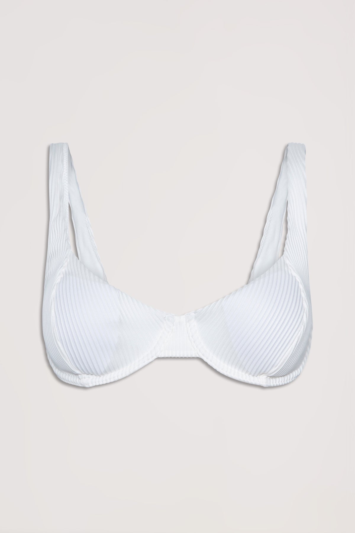 White ribbed underwire bikini top with structured cups and supportive wide straps on a neutral background