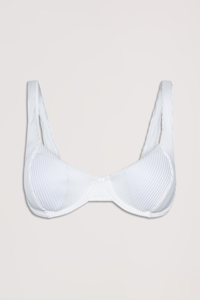 White ribbed underwire bikini top with structured cups and supportive wide straps on a neutral background