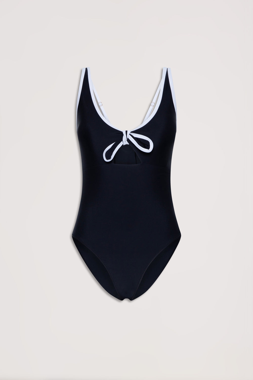 Black one-piece swimsuit with white trim and front tie detail, designed for a sleek and effortless look.